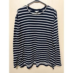 J. Jill 100% cotton Cream Navy Long Sleeve Striped Shirt Split Hem Small
